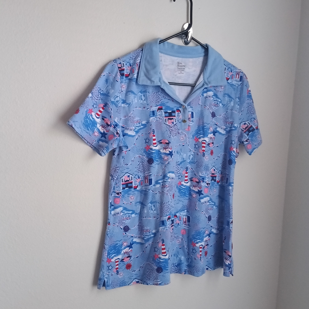 Kim Rogers Blouse Women M Red, White & Blue Soft Cotton Nautical Design Casual